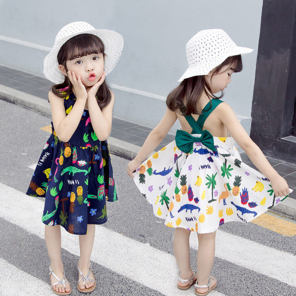 Rochie moderna pentru copii in doua culori cu panglica si bretele