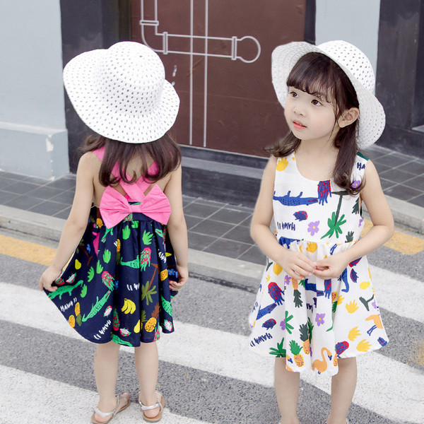 Rochie moderna pentru copii in doua culori cu panglica si bretele