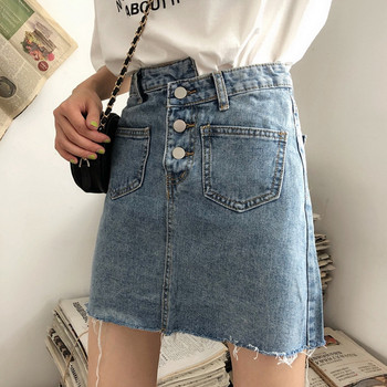 Fusta de dama din denim cu nasturi si buzunare cu talie inalta in albastru