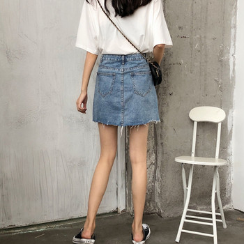 Fusta de dama din denim cu nasturi si buzunare cu talie inalta in albastru