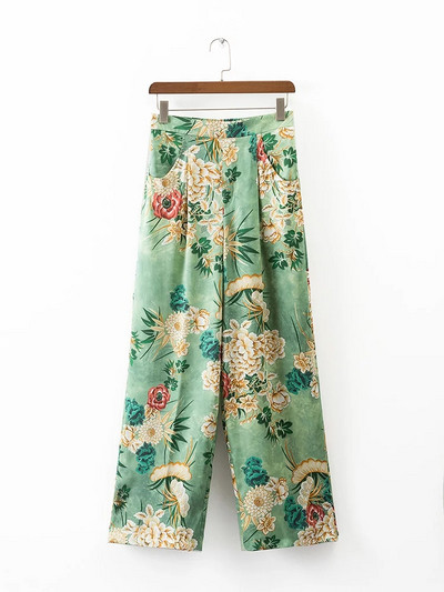 Pantaloni moderni de dama cu model floral de culoare verde