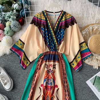 Rochie lunga de dama casual cu maneci scurte si imprimeu color