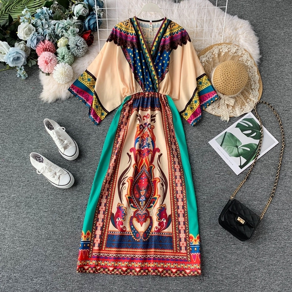 Rochie lunga de dama casual cu maneci scurte si imprimeu color