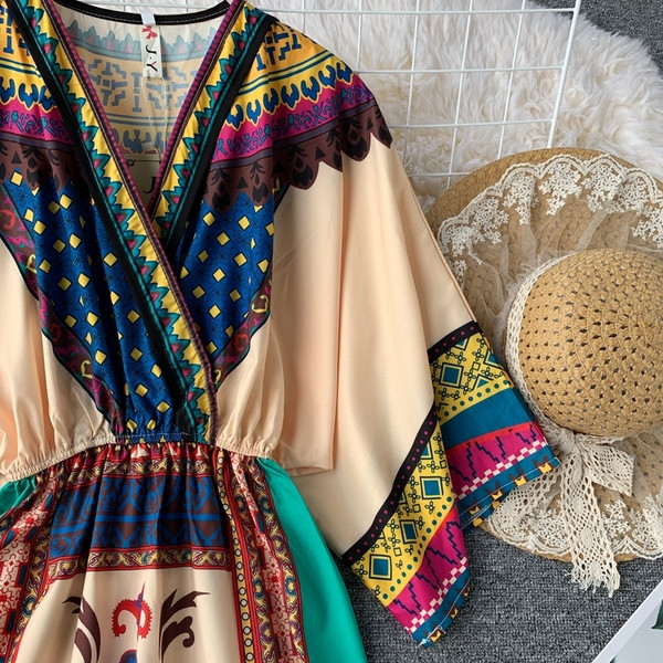 Rochie lunga de dama casual cu maneci scurte si imprimeu color