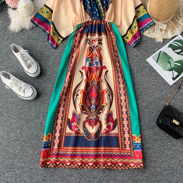 Rochie lunga de dama casual cu maneci scurte si imprimeu color