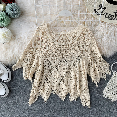 Modern női blúz széles ujjú fehér és bézs színben