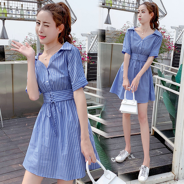 Rochie de dama in dungi model albastru cu decolteu in V