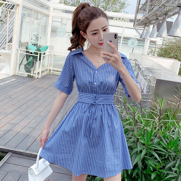 Rochie de dama in dungi model albastru cu decolteu in V