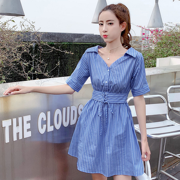 Rochie de dama in dungi model albastru cu decolteu in V