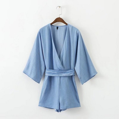 Γυναικεία σύντομή ολόσωμη φόρεμα σορτς με ντεκολτέ V σε μπλε χρώμα