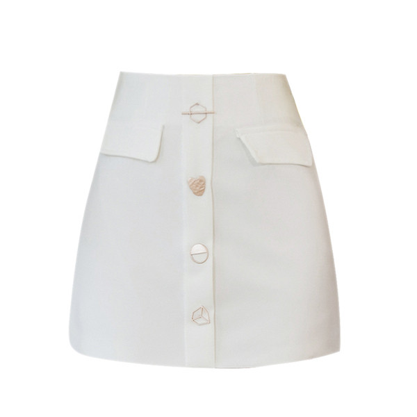 Stílusos női szoknya magas derékkal, fém gombokkal, fekete-fehér színben