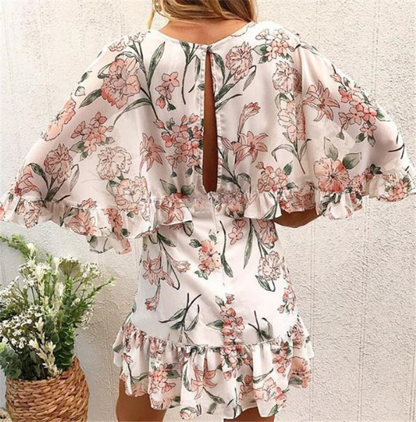 Rochie moderna de dama cu decolteu in V si motive florale in doua culori