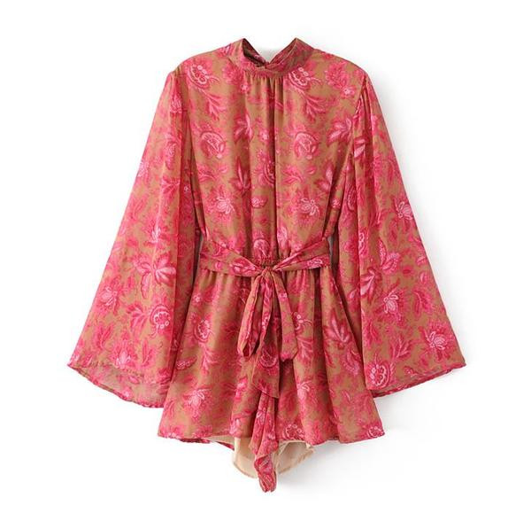 Női rövid sifon jumpsuit, hosszú, széles ujjú virágmintával