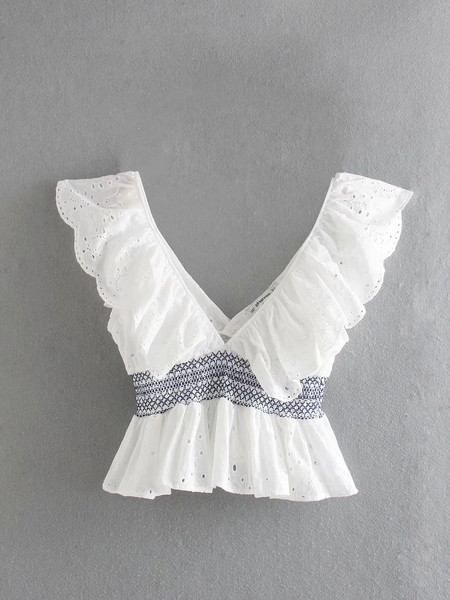 Női csipke felső fehér V-nyakkal