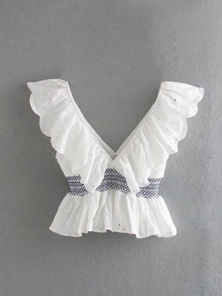 Női csipke felső fehér V-nyakkal