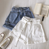 Pantaloni scurți casual de damă cu talie înaltă și buzunare în alb și albastru