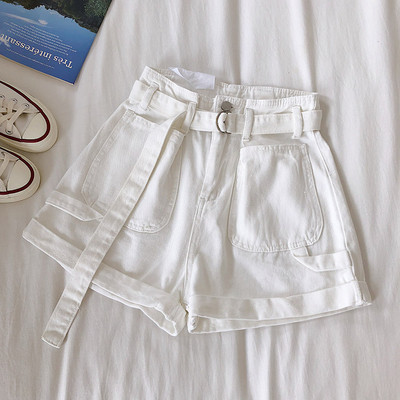 Pantaloni scurți casual de damă cu talie înaltă și buzunare în alb și albastru