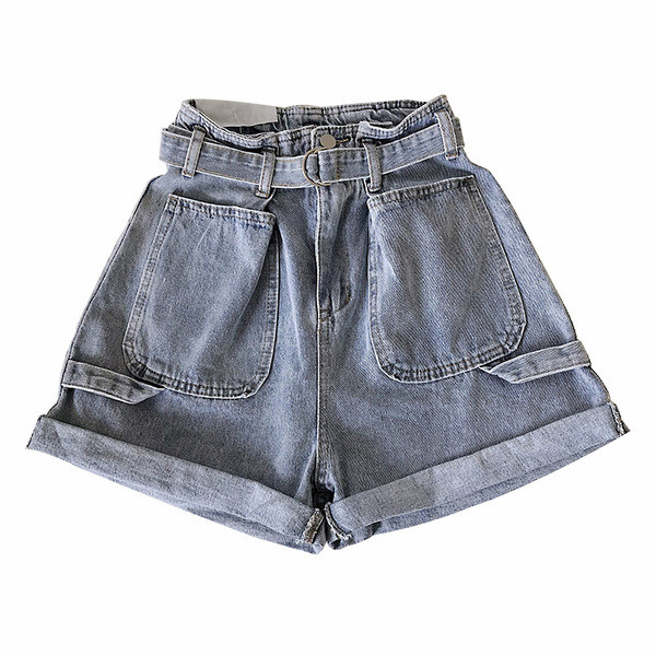 Pantaloni scurți casual de damă cu talie înaltă și buzunare în alb și albastru