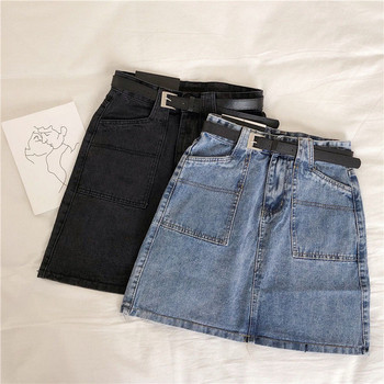 Női farmerszoknya magas derékkal, fekete és kék zsebekkel