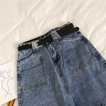 Női farmerszoknya magas derékkal, fekete és kék zsebekkel