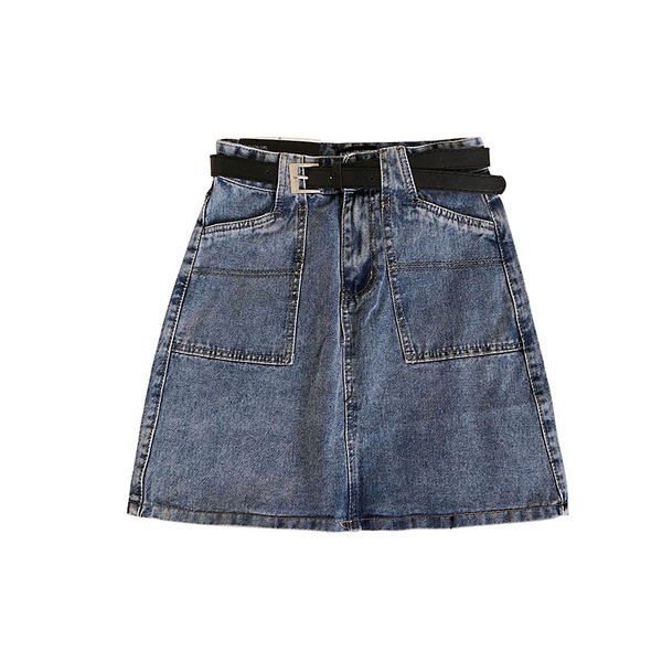 Női farmerszoknya magas derékkal, fekete és kék zsebekkel