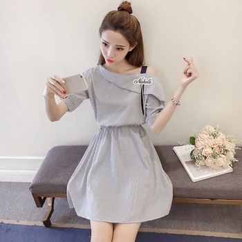 Rochie de dama moderna in dungi cu talie elastica in doua culori