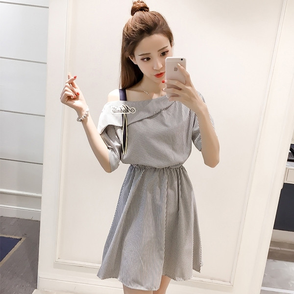 Rochie de dama moderna in dungi cu talie elastica in doua culori