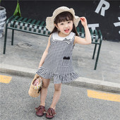 Rochie copii in carouri in doua culori cu panglica