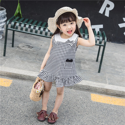 Rochie copii in carouri in doua culori cu panglica