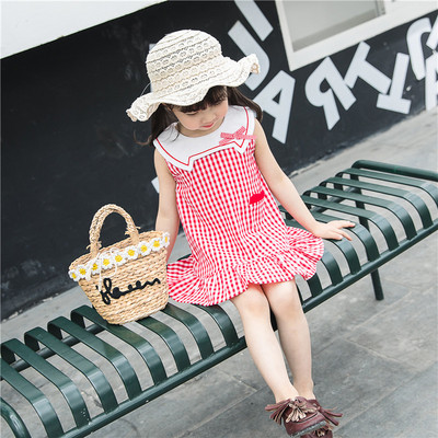 Rochie copii in carouri in doua culori cu panglica