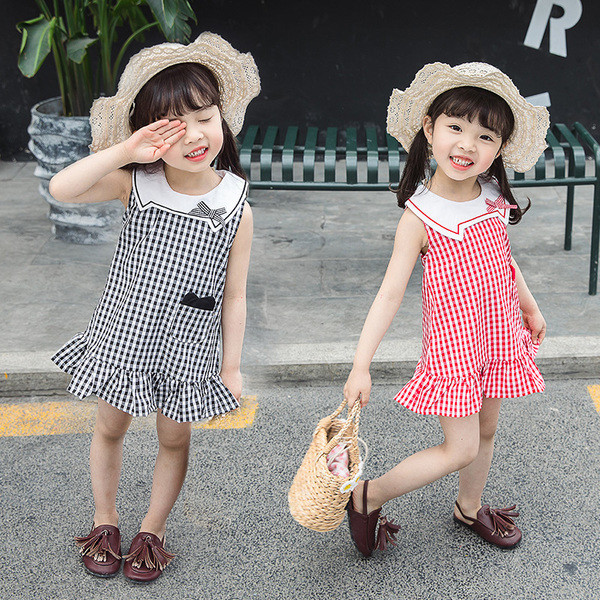 Rochie copii in carouri in doua culori cu panglica