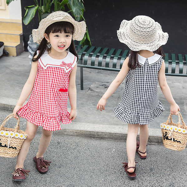 Rochie copii in carouri in doua culori cu panglica