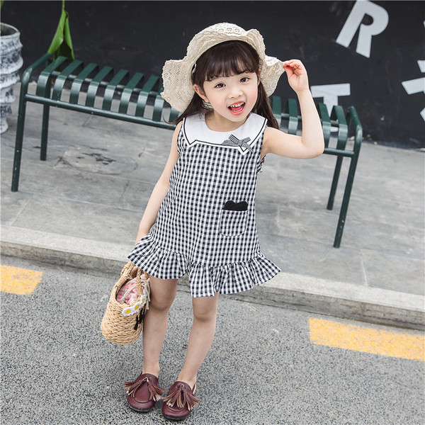 Rochie copii in carouri in doua culori cu panglica