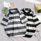 Tricou bărbătesc în dungi cu guler în negru și gri