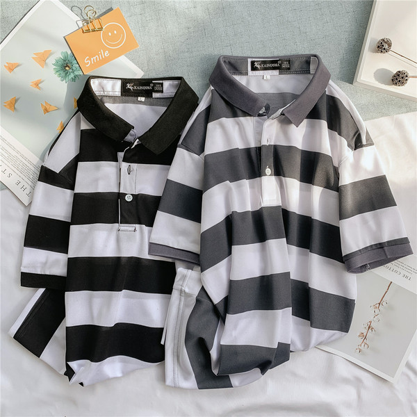 Tricou bărbătesc în dungi cu guler în negru și gri