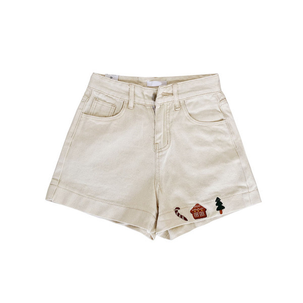 Női magas derekú rövidnadrág fehér színben, hímzéssel