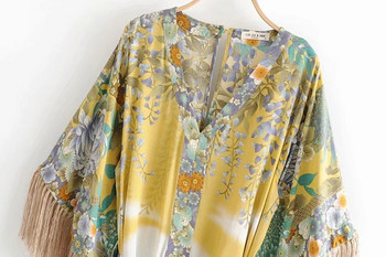 Дамска рокля с V - образно деколте връзки на талията и ресни