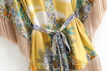 Дамска рокля с V - образно деколте връзки на талията и ресни