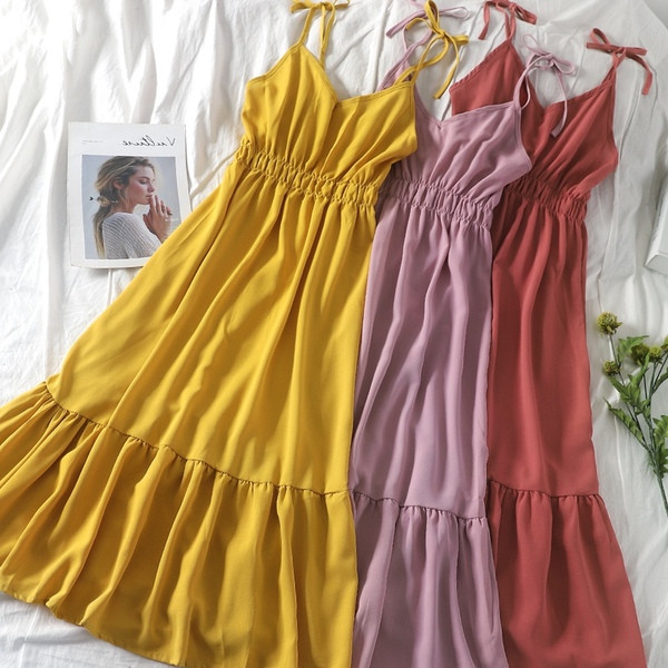 Női nyári ruha V-nyakú, gumírozott derékkal, több színben