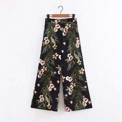 Pantaloni largi de dama in negru cu model floral