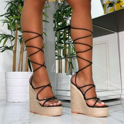 Модерни дамски сандали на платформа с връзки от еко кожа