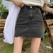 Női farmerszoknya magas derékkal, szürke színben