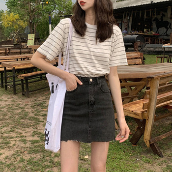 Női farmerszoknya magas derékkal, szürke színben