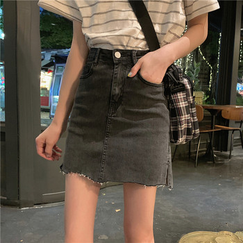 Női farmerszoknya magas derékkal, szürke színben