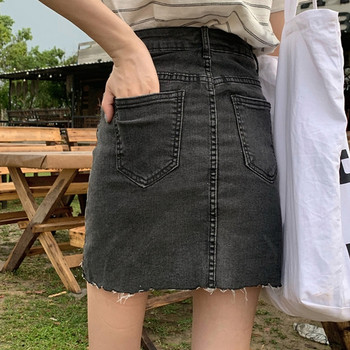 Női farmerszoknya magas derékkal, szürke színben