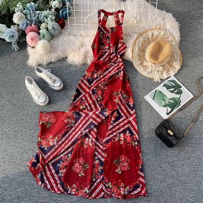 Modern női hosszú ruha vékony pántokkal és hasítékkal