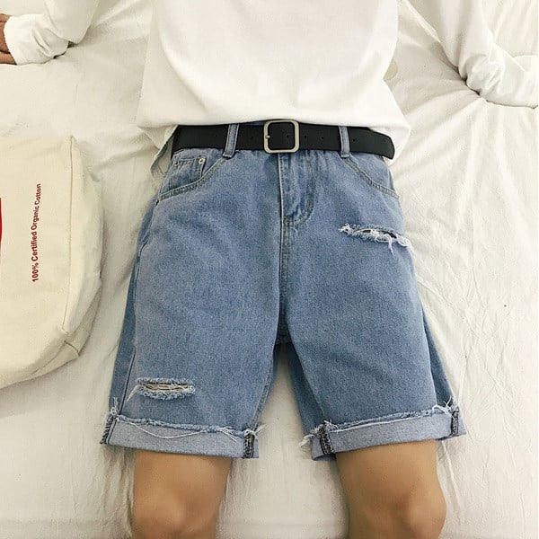 Pantaloni scurți din denim pentru bărbați cu motive rupte în negru și albastru