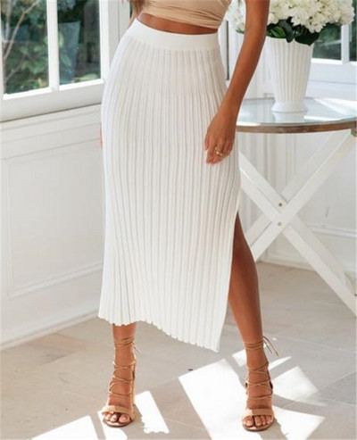 Fusta de dama moderna cu fanta in alb si bej