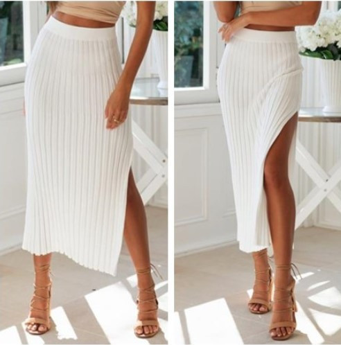 Fusta de dama moderna cu fanta in alb si bej