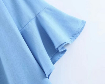 Дамска рокля с голи рамене и лотос ръкав в син цвят